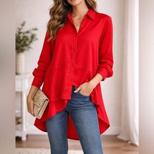 Reba Red Tencel High Low Tiered Rodeo Button Blouse Size XL Western